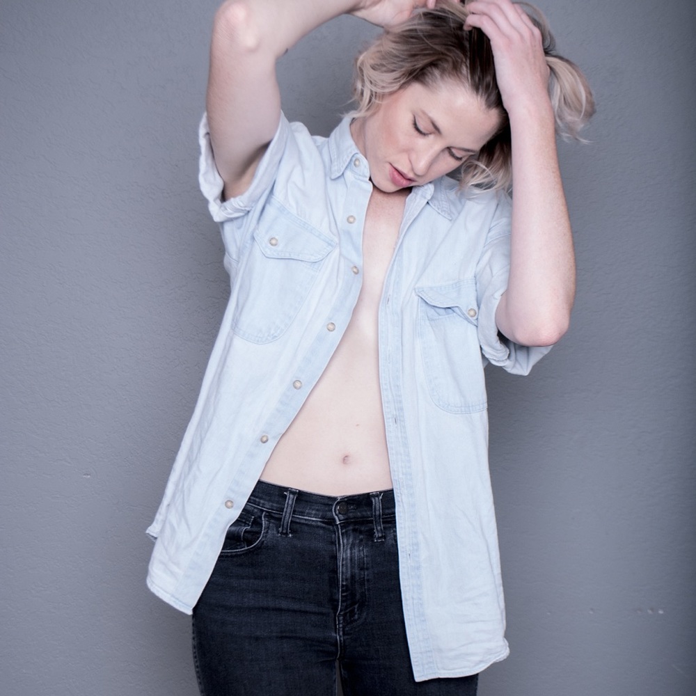 Denim button up short sleeve t shirt.